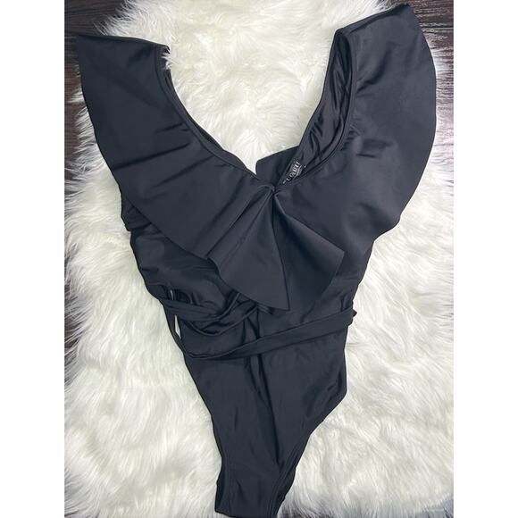 NWT Eloquii Glamour Sexy One Piece Swimsuit Black Ruffle Flutter Resort Pool 18 - Picture 3 of 7